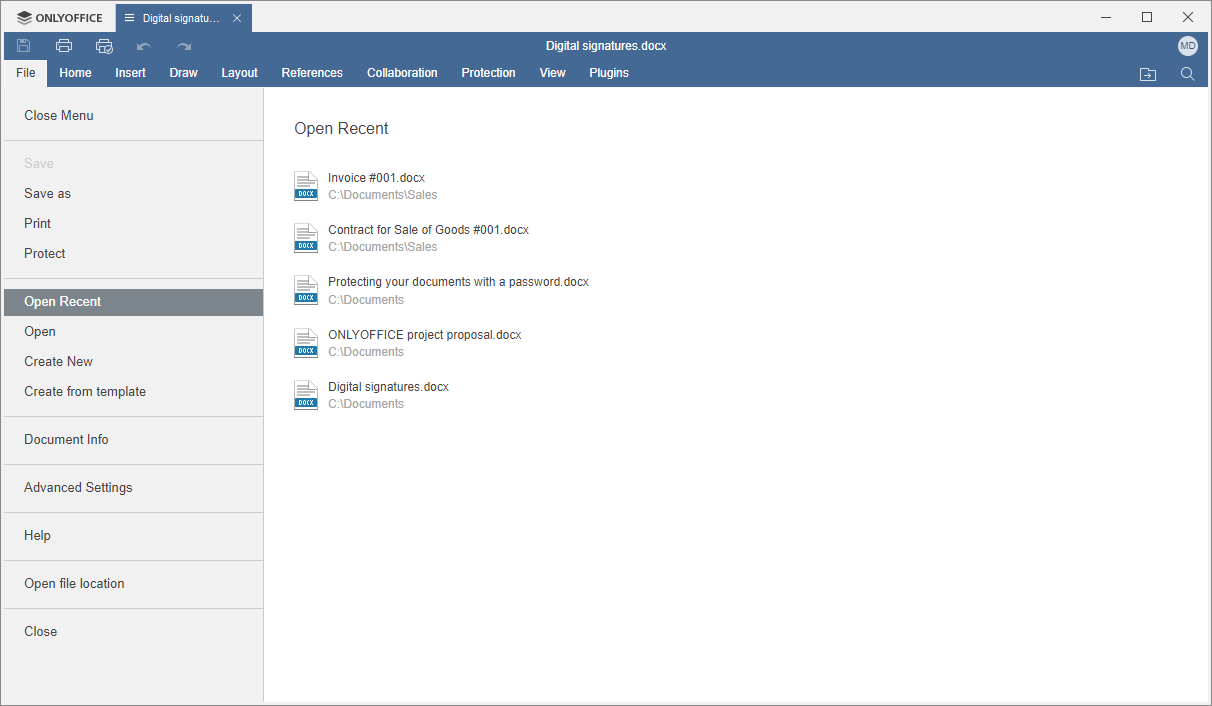 onlyoffice 7.5 open recent screenshot