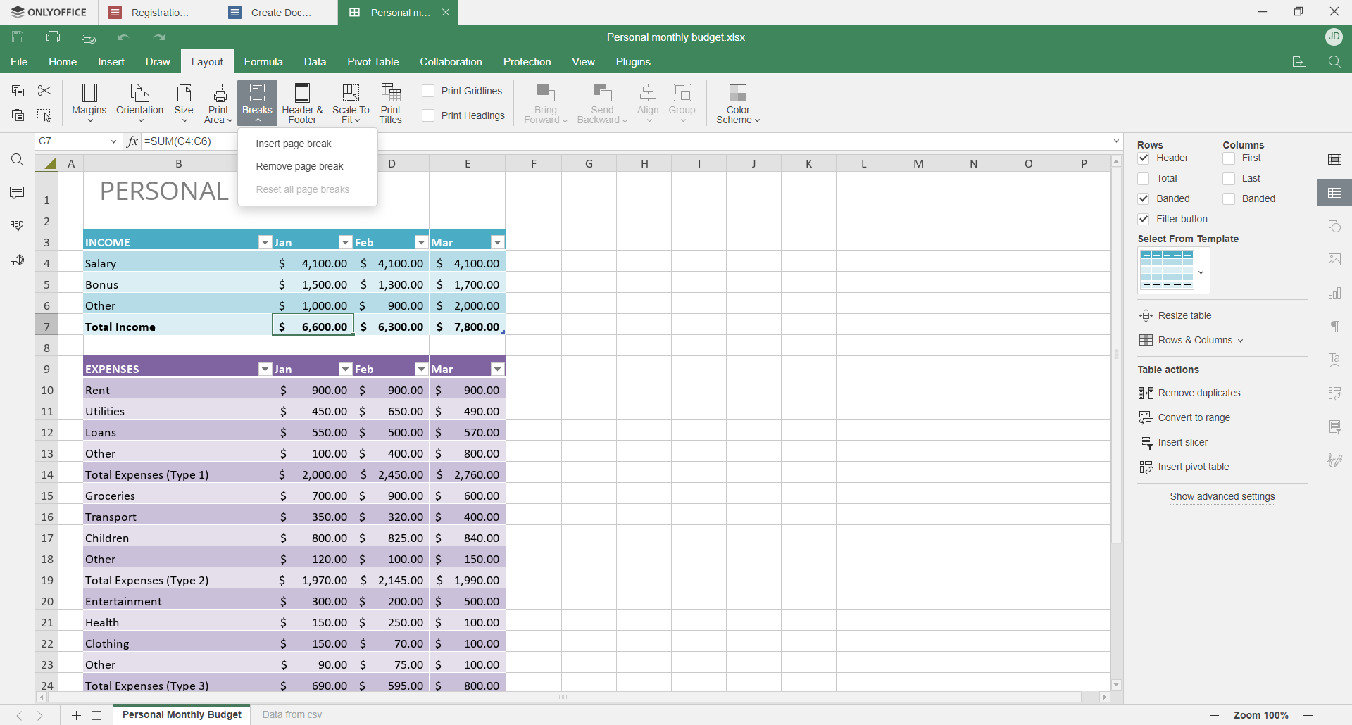 onlyoffice 7.5 spreadsheet screenshot