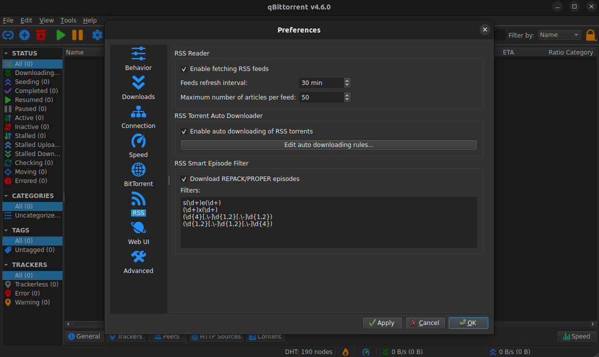 a screenshot of qbittorrent 4.6.0 rss reader settings