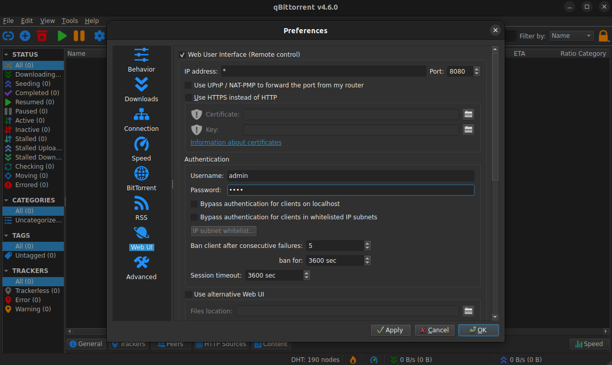 a screenshot of qbittorrent 4.6.0 web ui settings