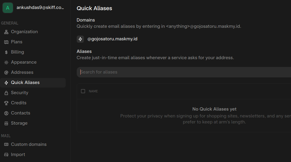 skiff quick email aliases option