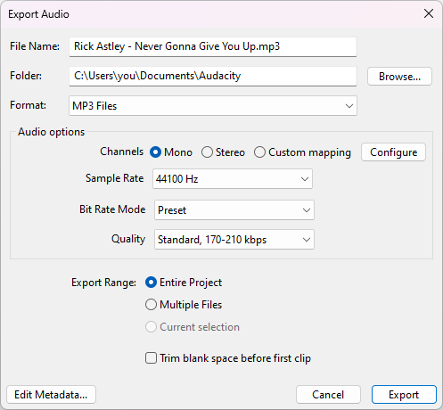 a screenshot of audacity 3.4 new exporting window