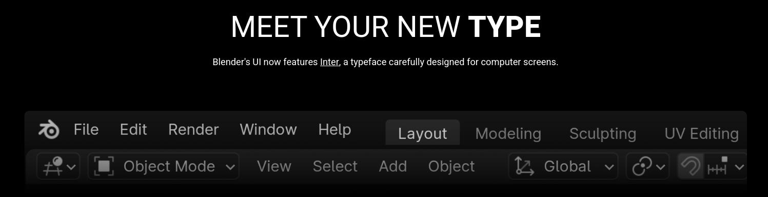 a banner showing the new typface being used in blenders user interface