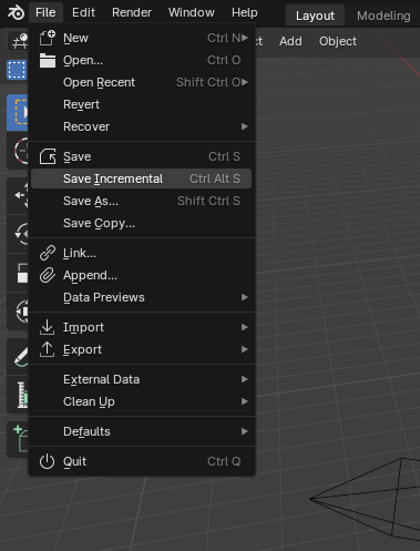 a screenshot of the new save incremental option on blender 4.0