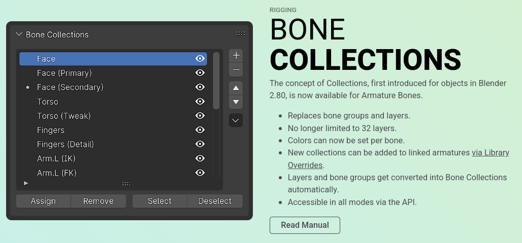 a banner showing how the new bone collections system works on blender 4.0