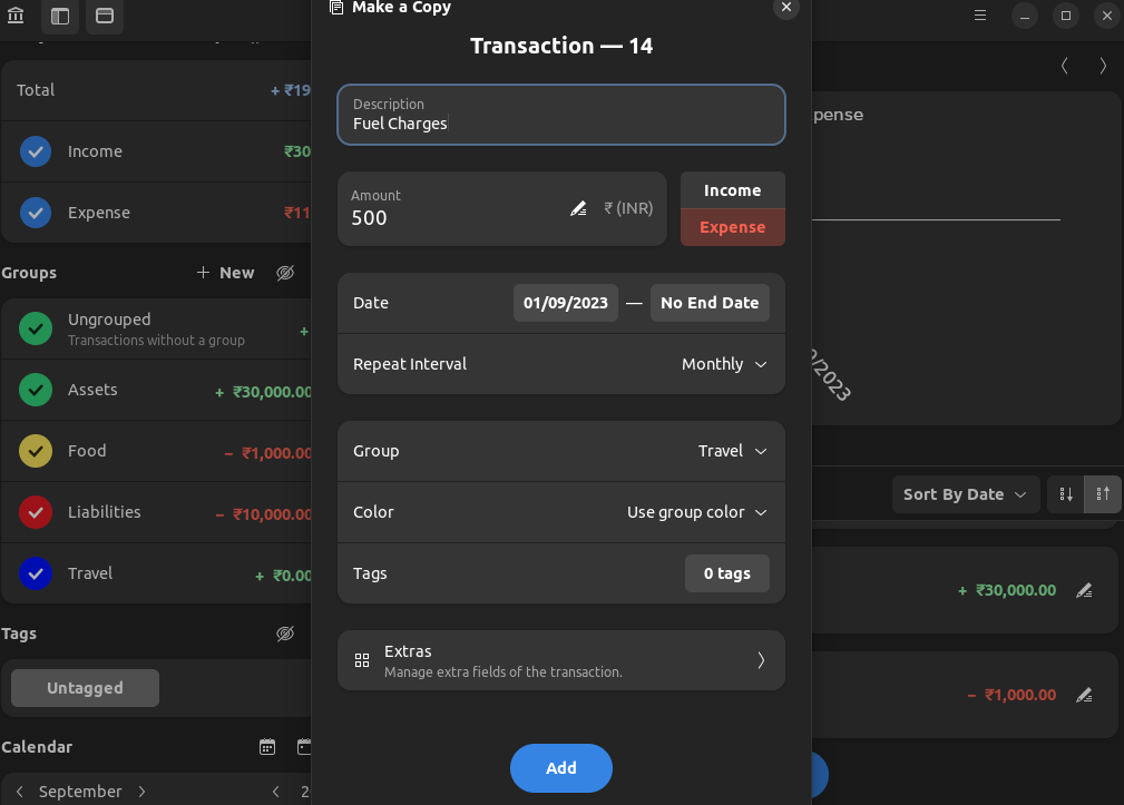 a screenshot of denaro new transaction window