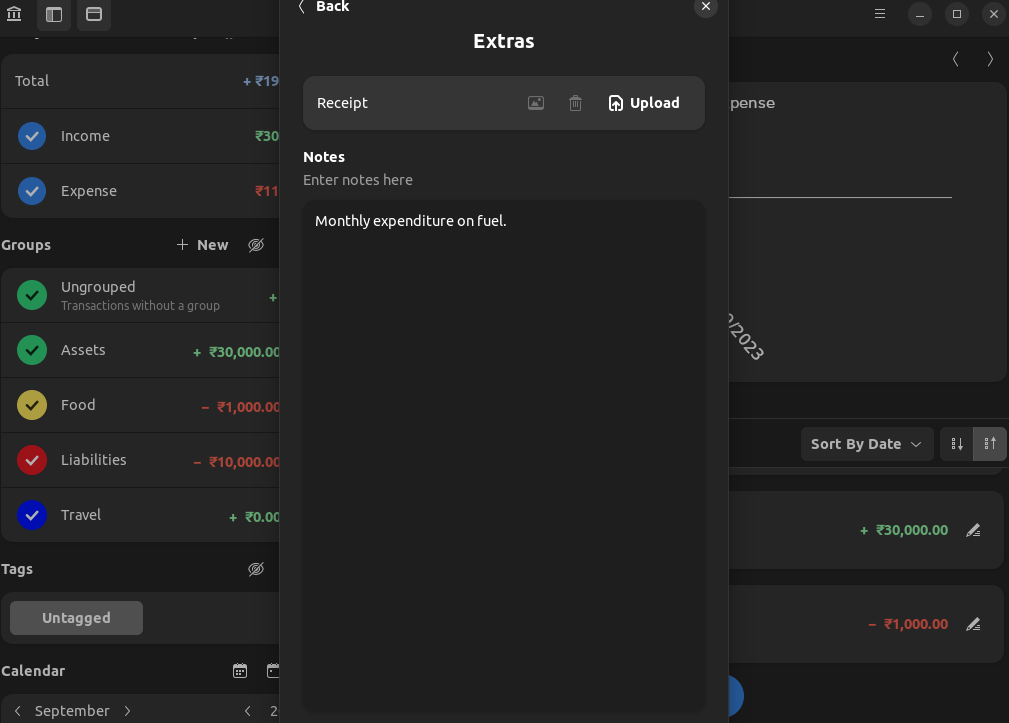 a screenshot of denaro new transaction window reciept uploading feature