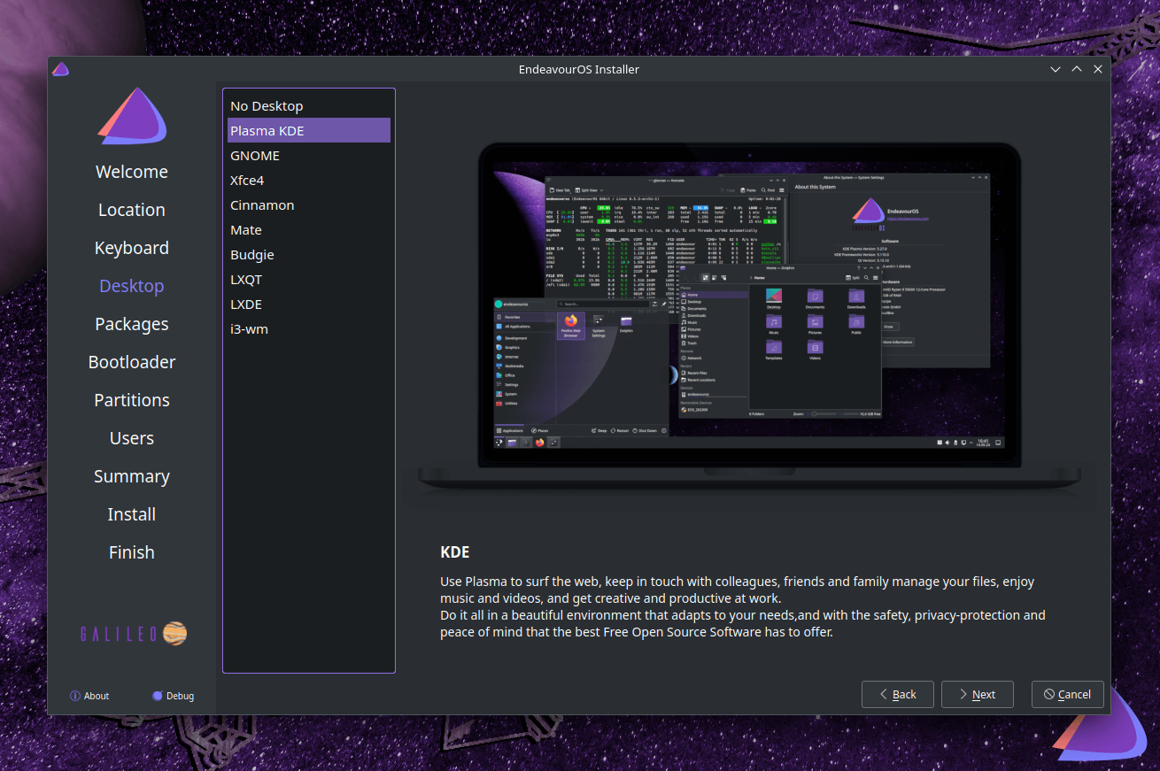 a screenshot of endeavouros galileo calamares installer desktop selection screen