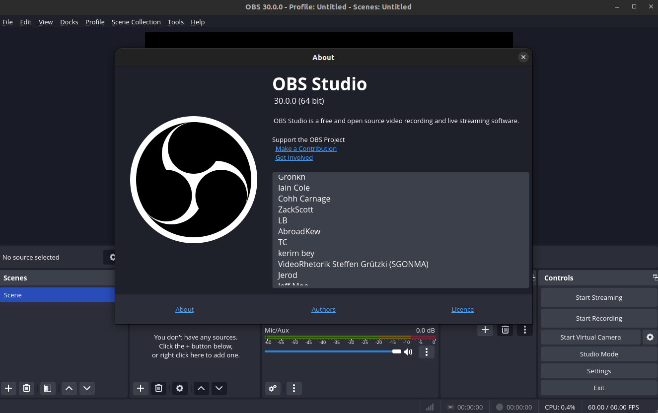 a screenshot of obs studio 30 about information