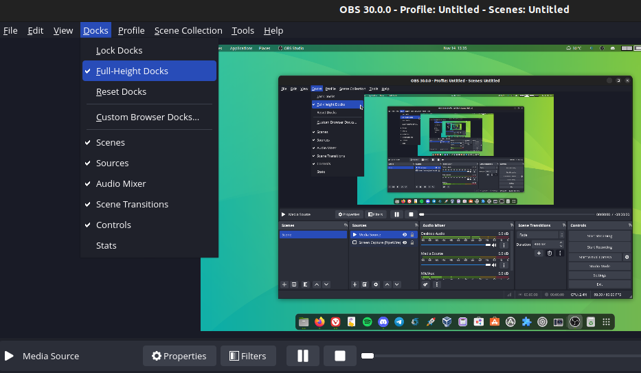 a screenshot of obs studio 30 full height docks option