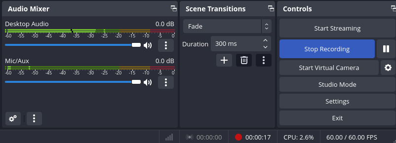 a screenshot of obs studio 30 status bar while recording a video