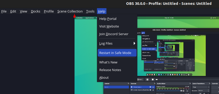 a screenshot of obs studio 30 restart in safe mode option