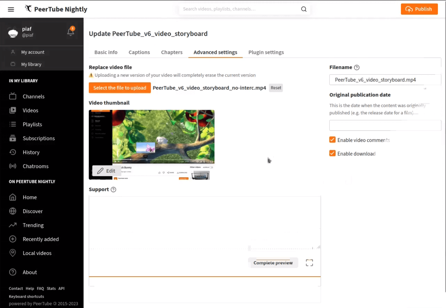a screenshot of peertube v6 replace video feature