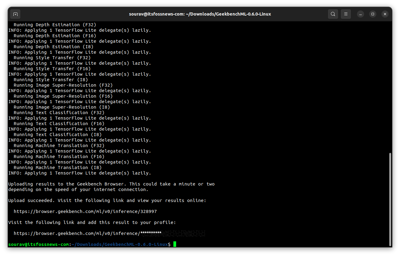 a screenshot of a geekbench ml output in a terminal on ubuntu