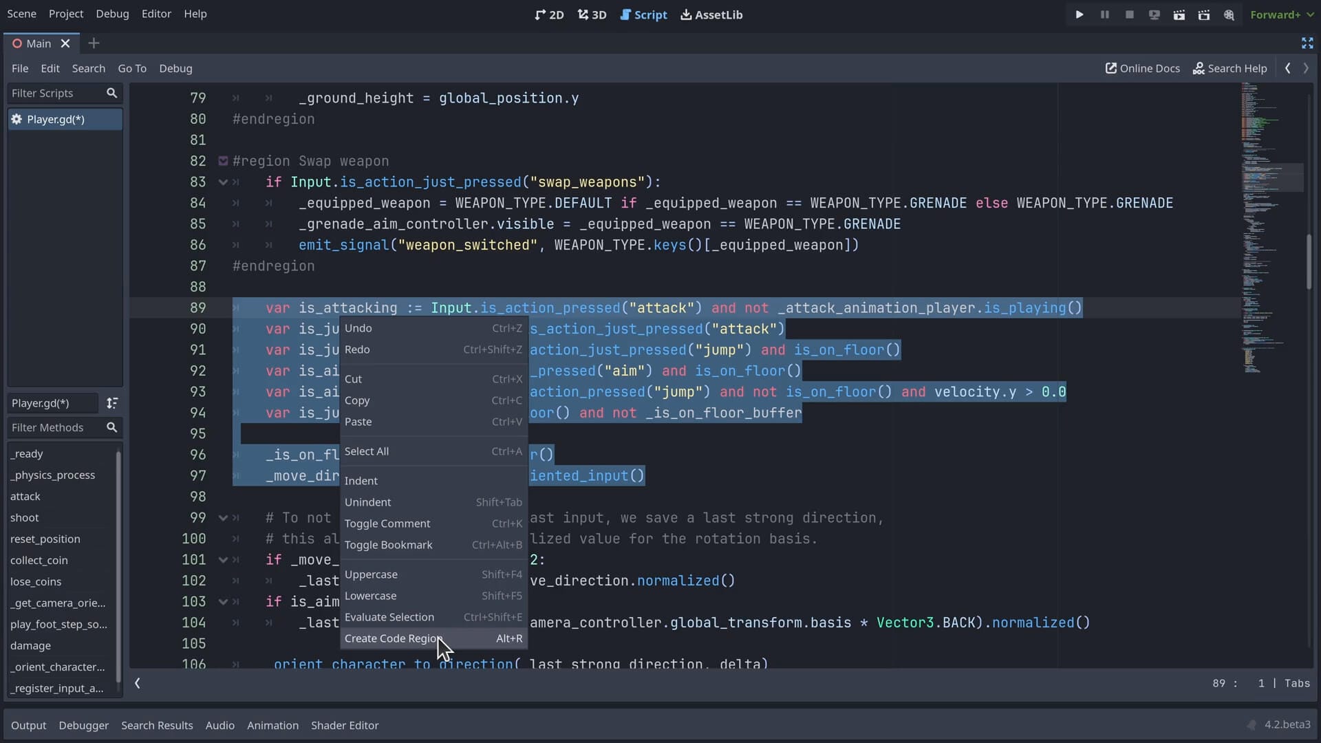 a screenshot of godot 4.2 code region feature