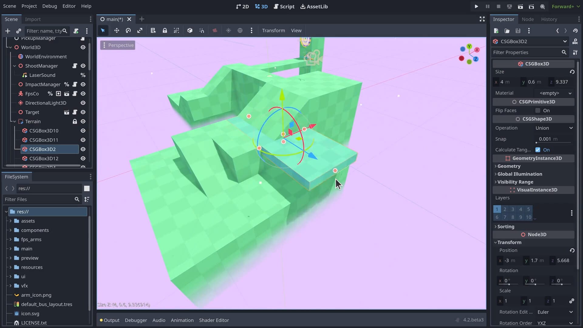 a screenshot of godot 4.2 box shape editing
