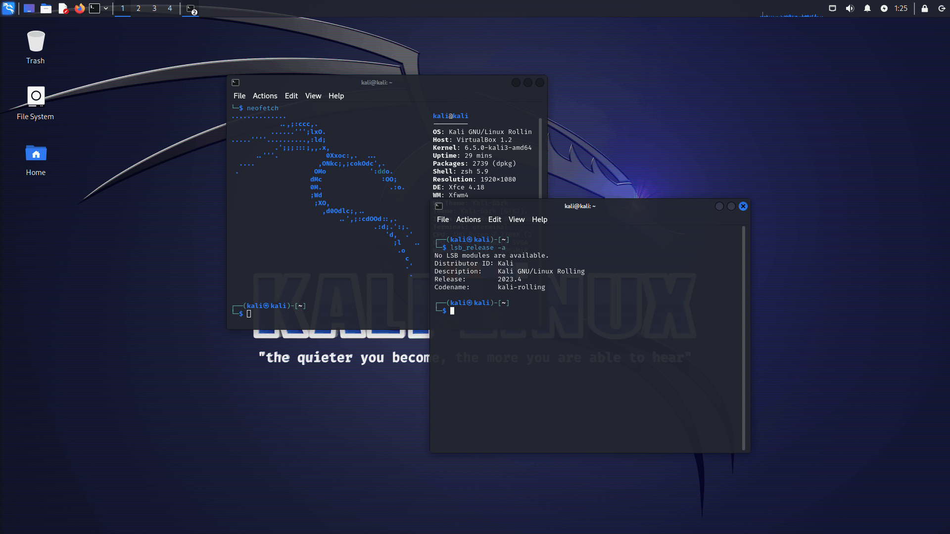 a screenshot of kali linux 2023.4 neofetch output