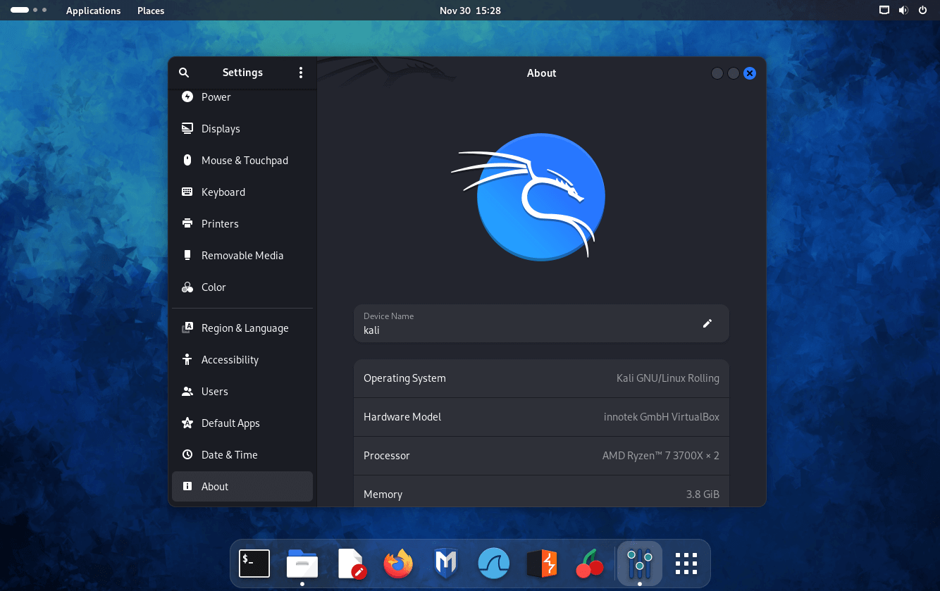 a screenshot of kali linux 2023.4 with gnome