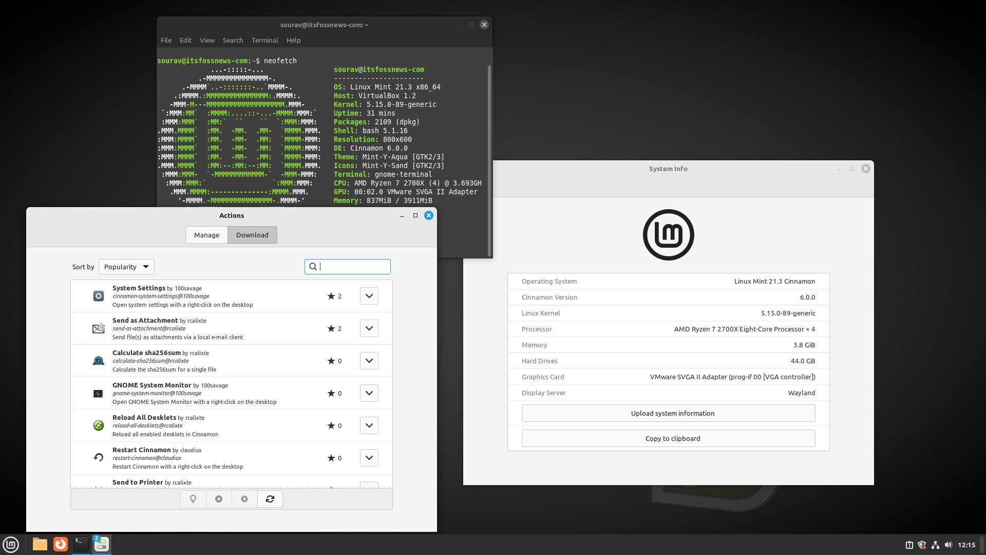 a screenshot of linux mint 21.3 beta neofetch output system info and actions feature