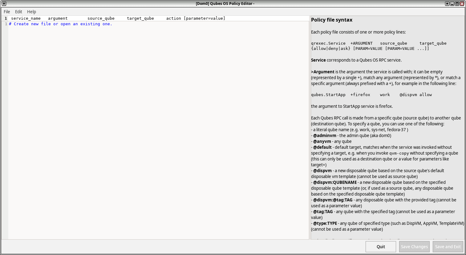 a screenshot of qubes os 4.2 updated policy editor