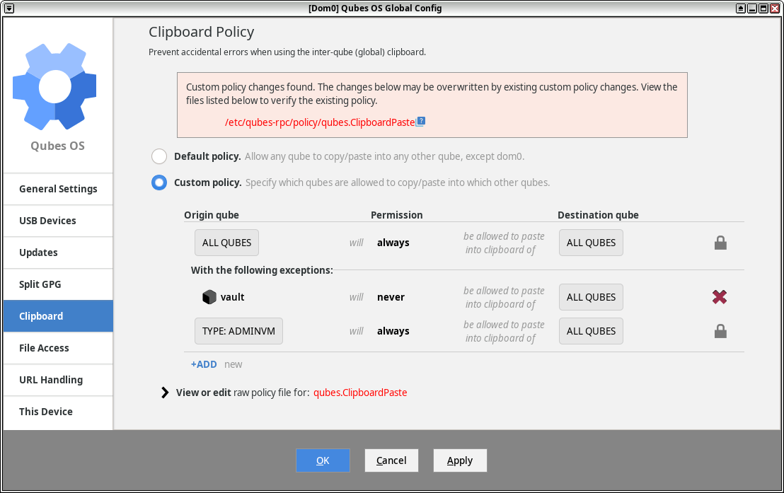 a screenshot of qubes os 4.2 updated global settings menu