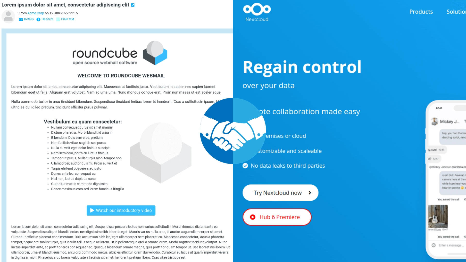 a screenshot showing a roundcube mailbox and the nextcloud homepage with a shaking hand illustration in the center