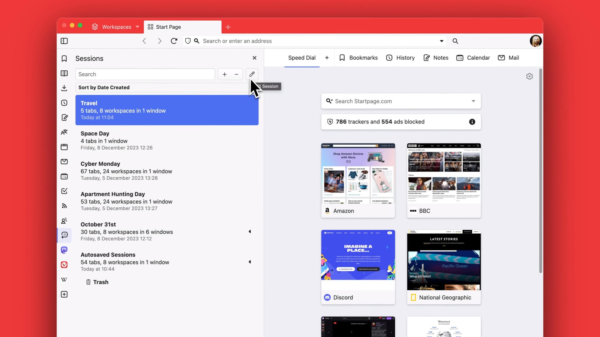a screenshot of vivaldi 6.5 sessions panel feature