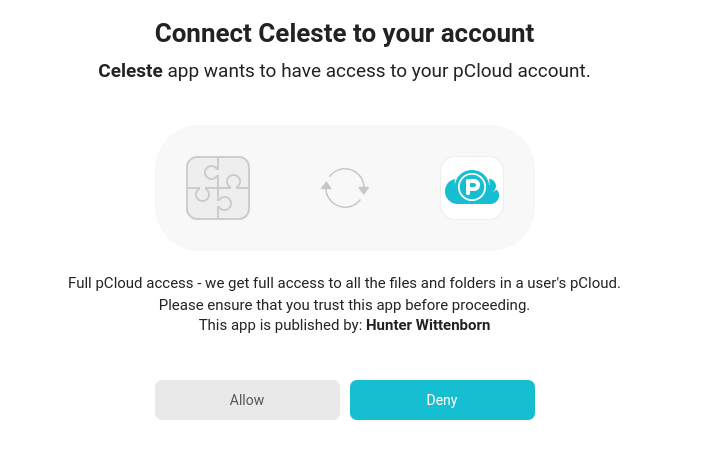 screenshot of web authorization for pcloud to use with celeste sync