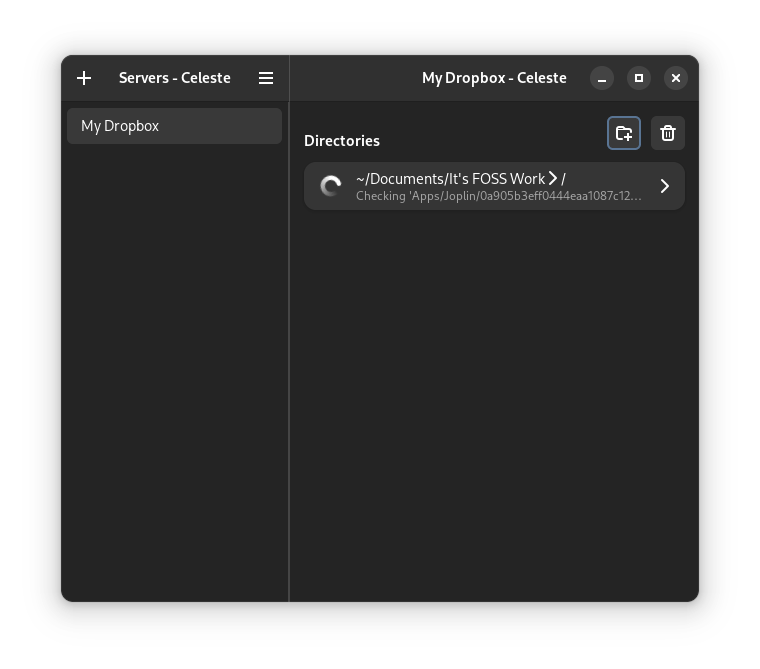 screenshot of celeste gui syncing dropbox to documents folder