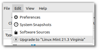 a screenshot of the edit dropdown menu in the update manager on linux mint
