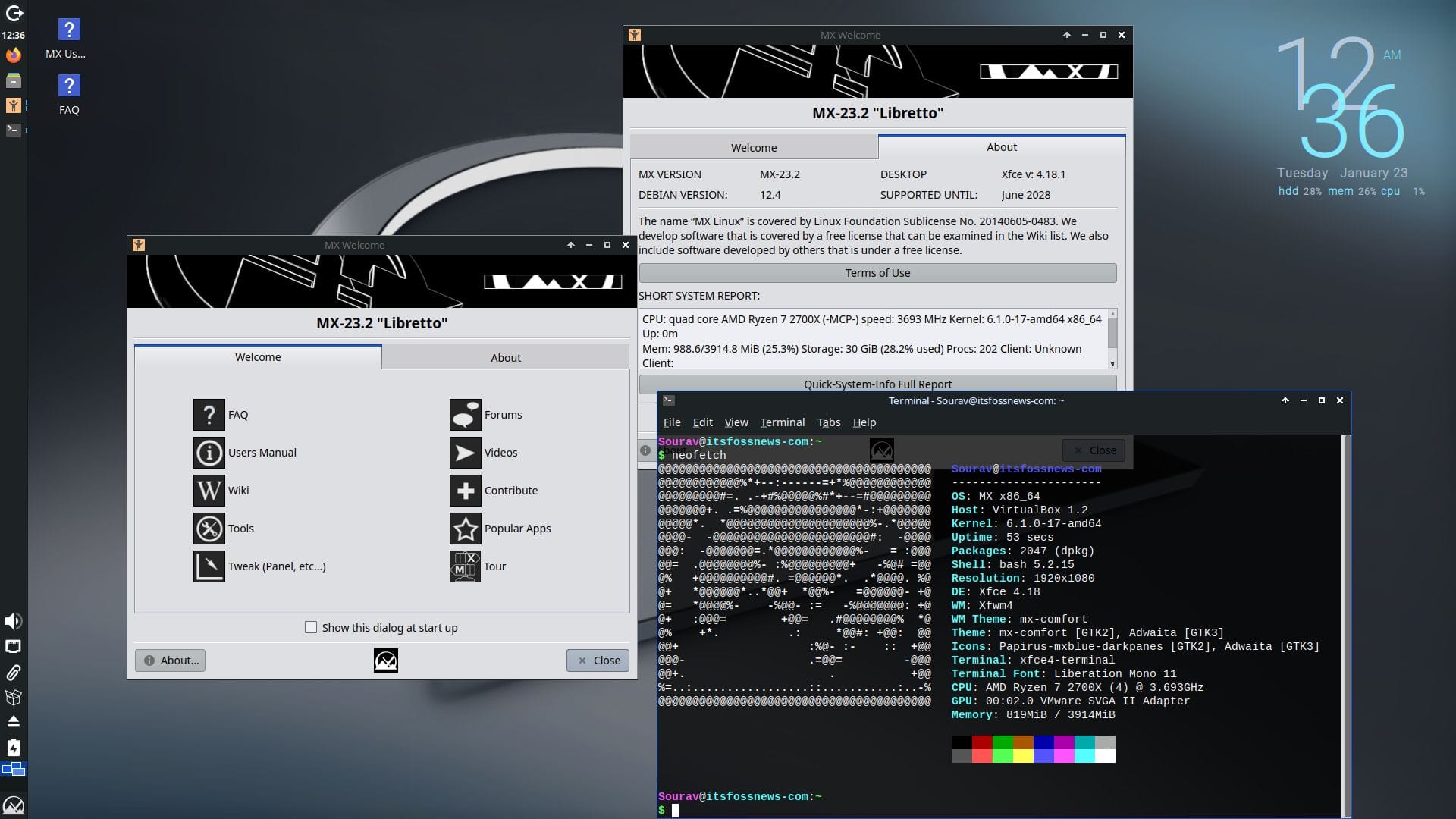 a screenshot of mx linux 23.2 with a neofetch output welcome app and about mx linux app open on the desktop screen