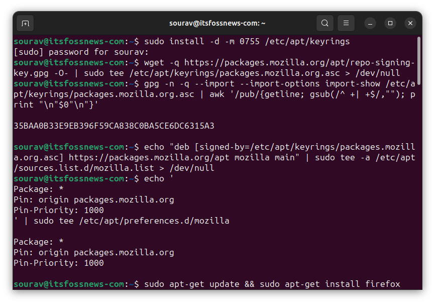 a screenshot showing how to install the official .deb package of mozilla firefox on linux using the terminal