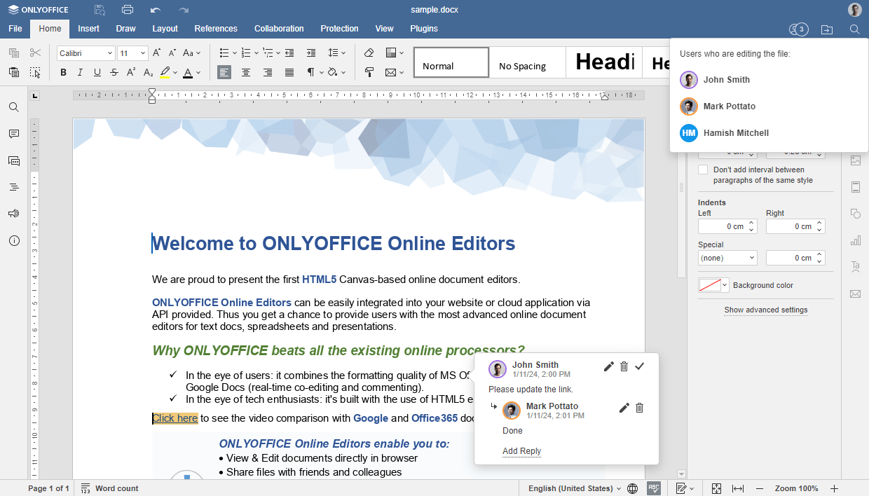 a screenshot of onlyoffice docs 8.0 improved collaboration features
