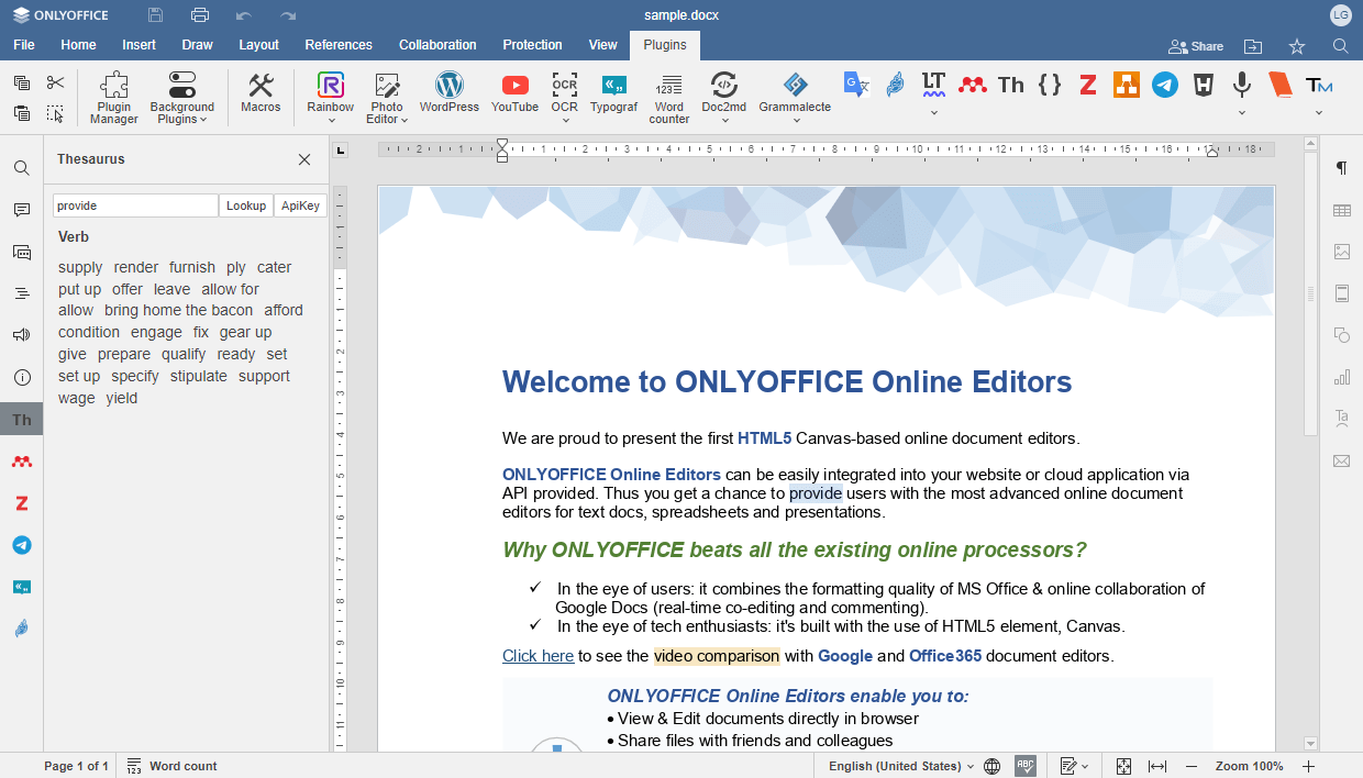 a screenshot of onlyoffice docs 8.0 updated plugins interface