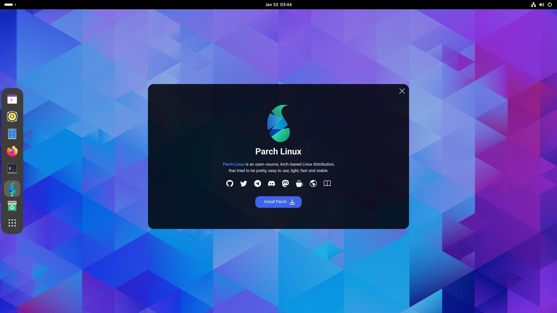 a screenshot of parch linux welcome app
