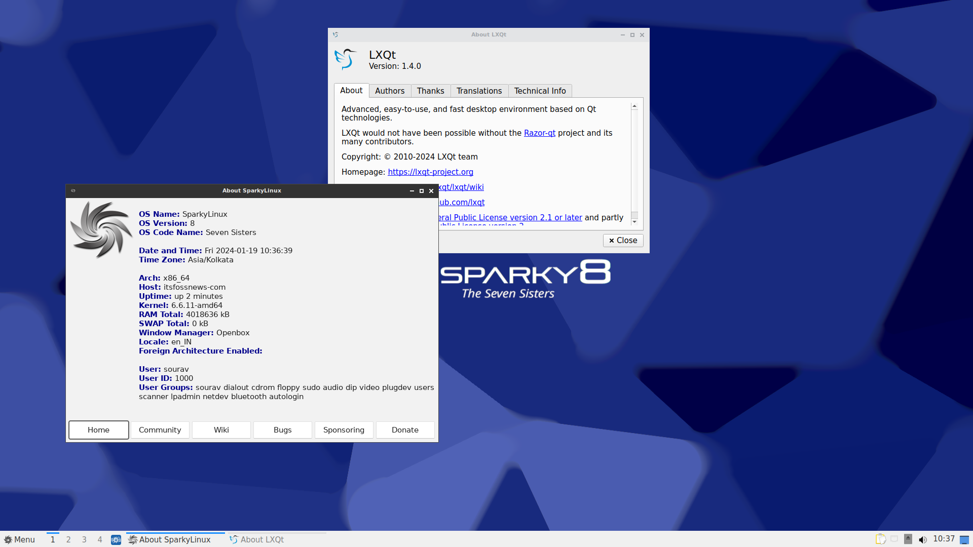 a screenshot of sparkylinux 2024.01 with the about system pages open
