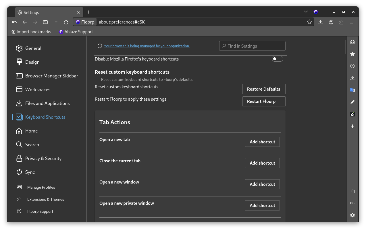 floorp custom keyboard shortcuts