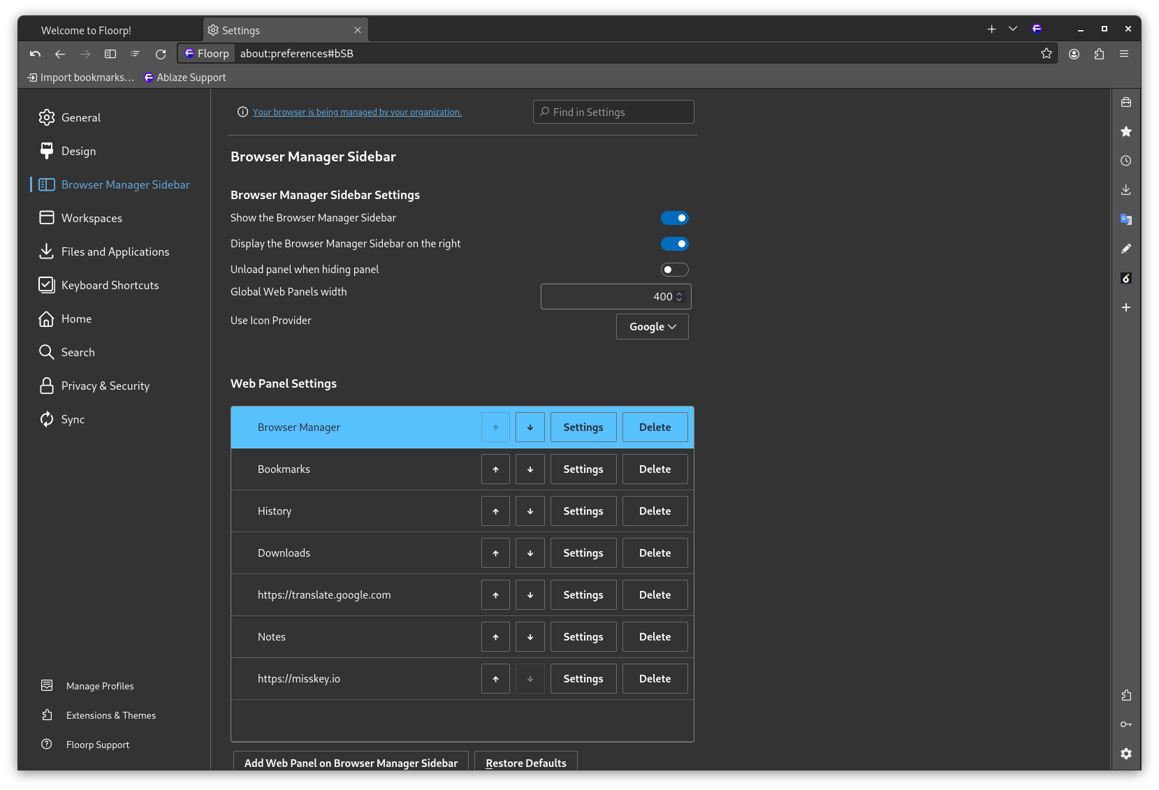 floorp web panel customization