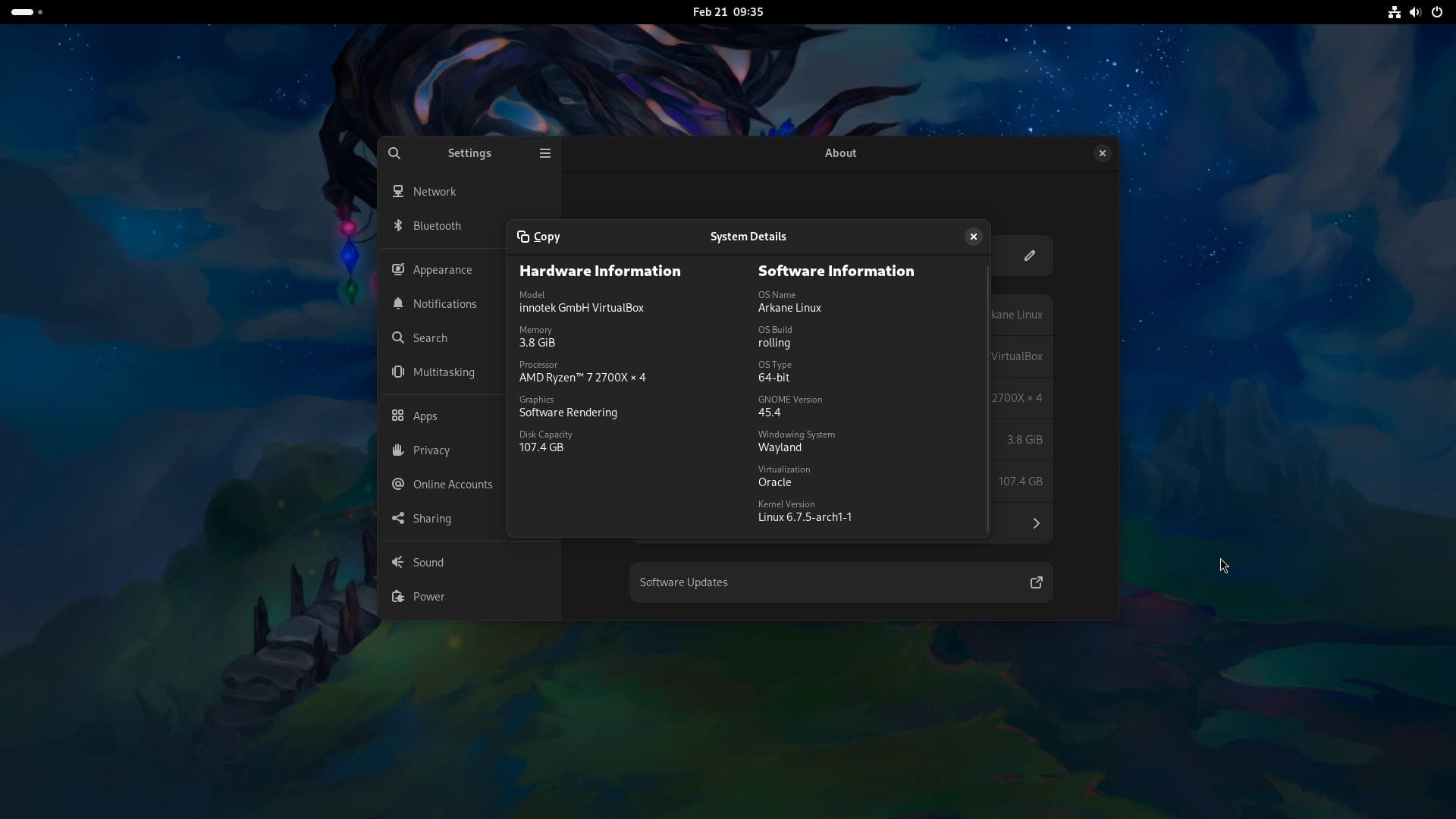 a screenshot of arkane linux system details window
