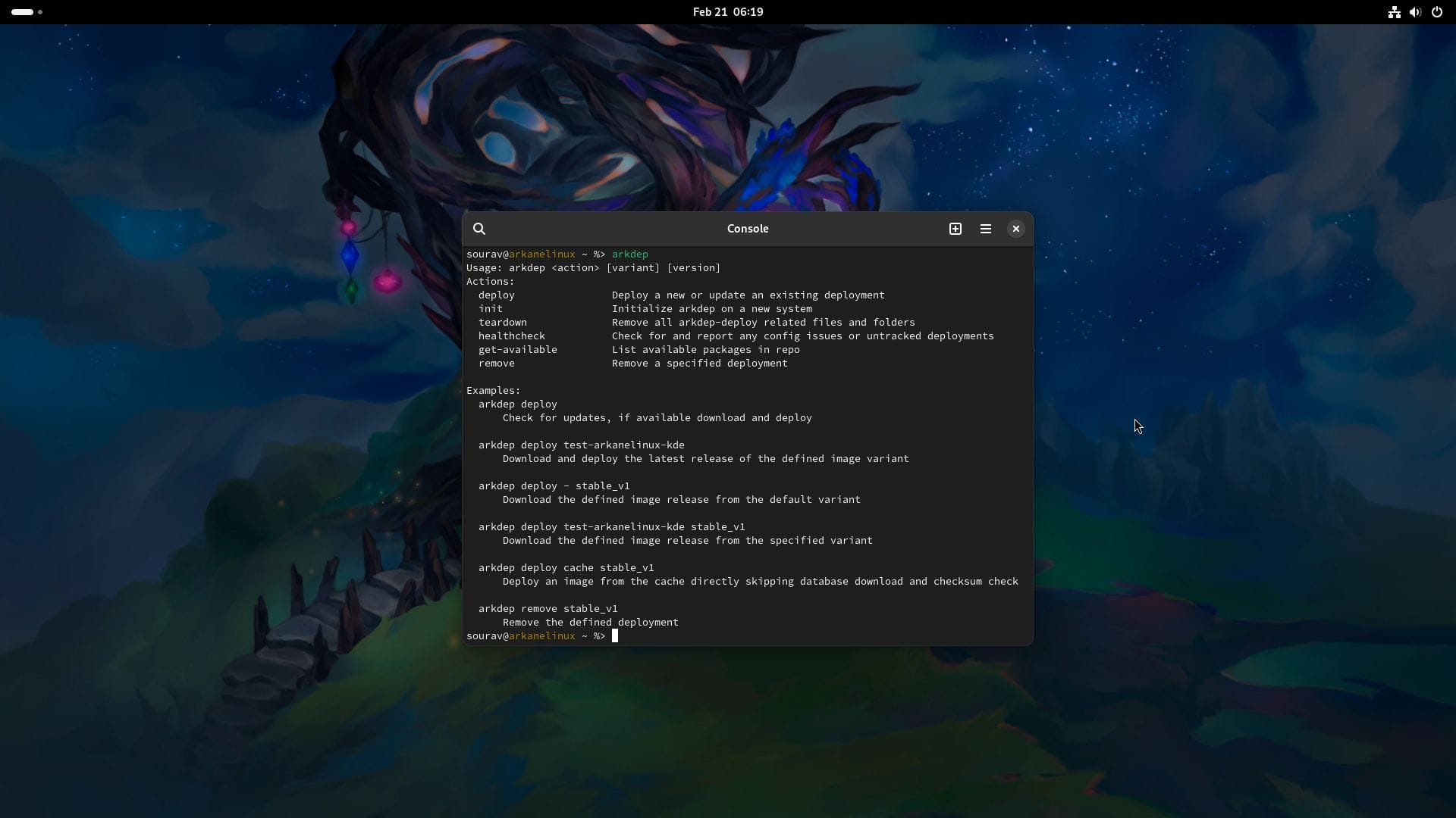 a screenshot of arkane linux arkdep package manager running on a terminal