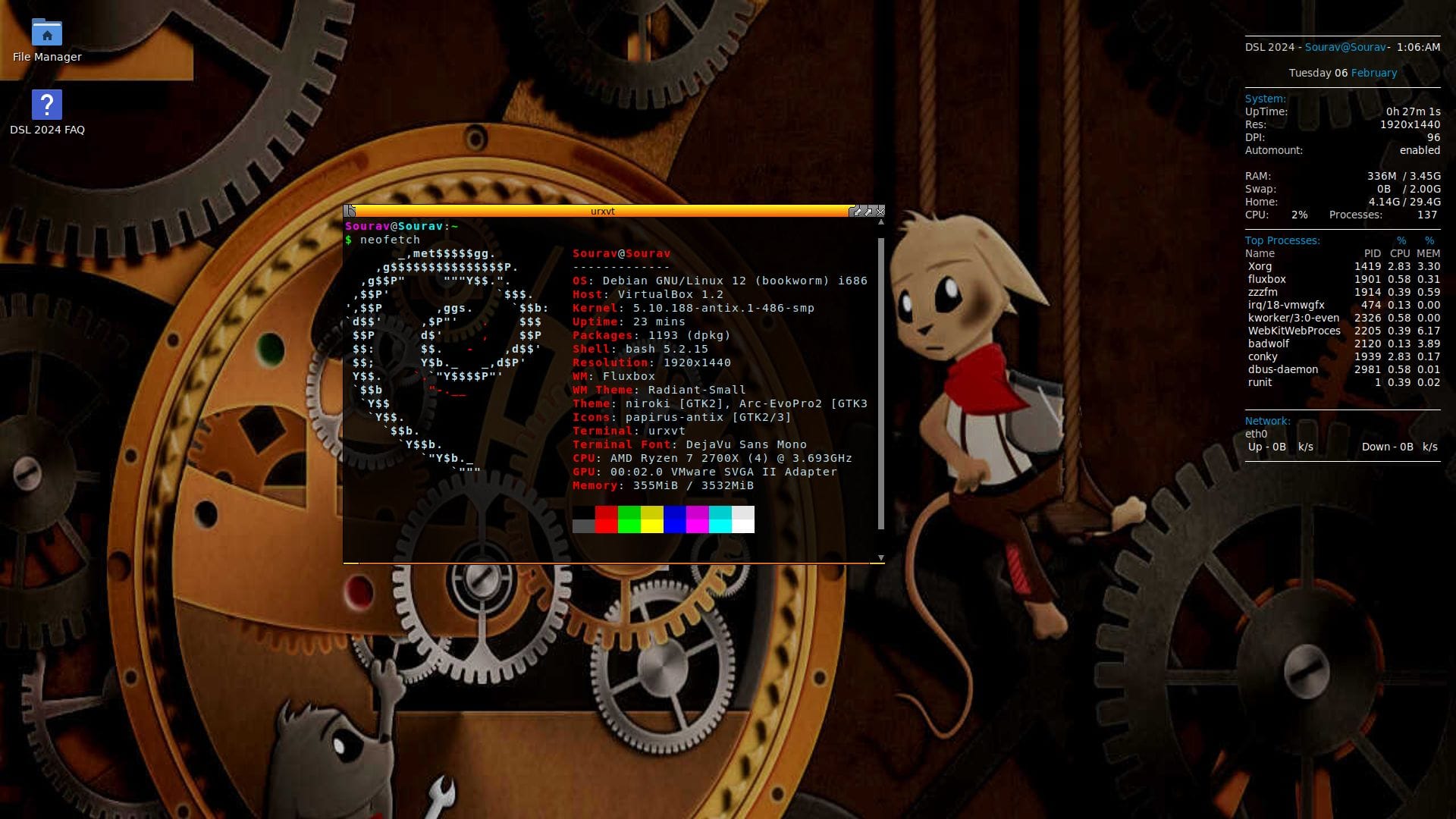 a screenshot of damn small linux 2024 alpha neofetch output