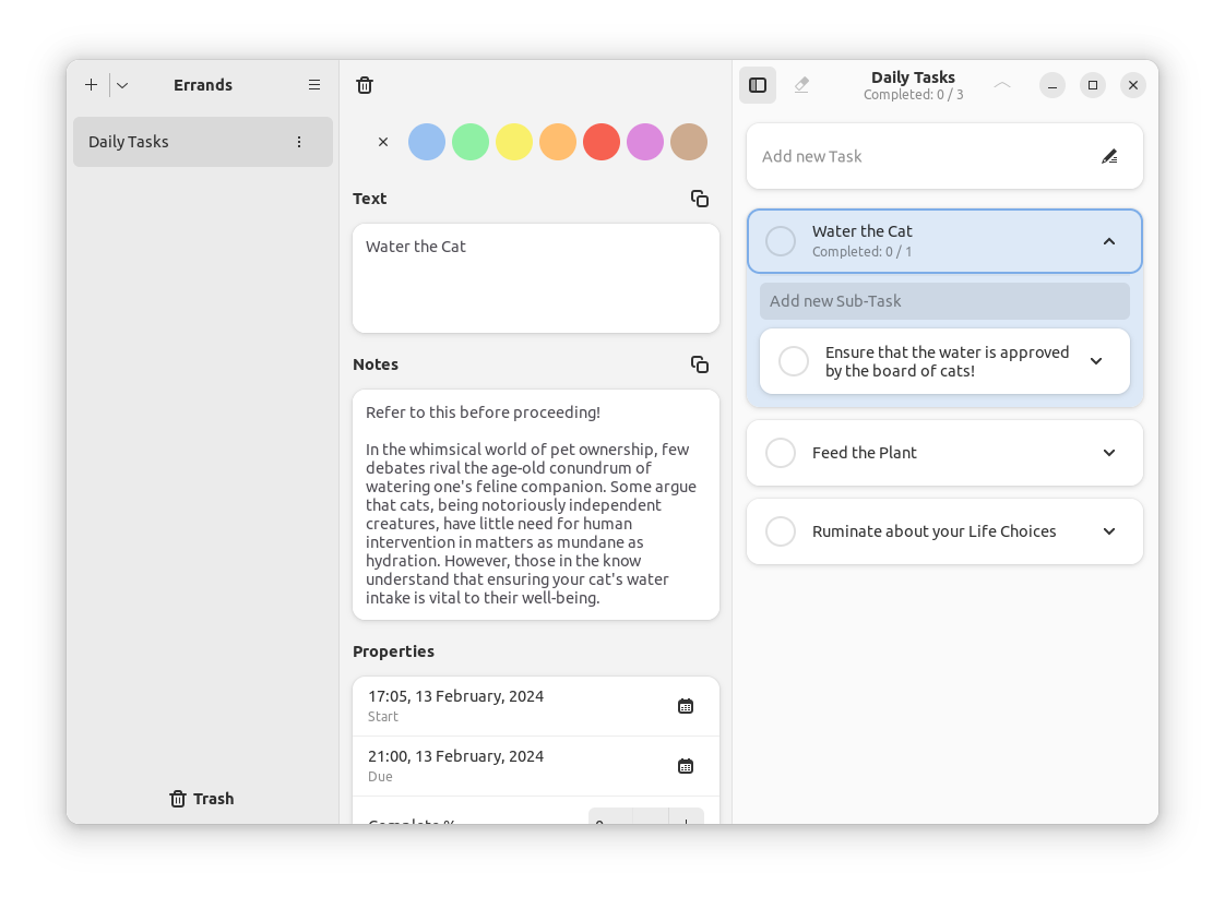 a screenshot of errands task customization menu