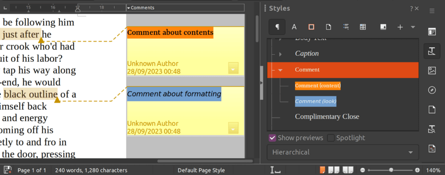 a screenshot of libreoffice 24.2 comment styles
