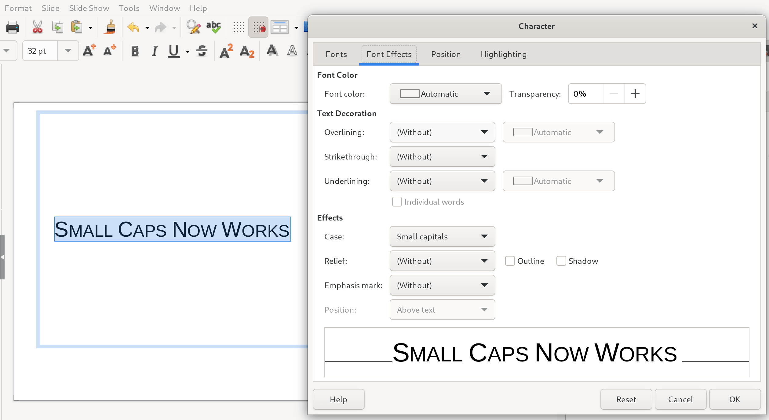 a screenshot of libreoffice 24.2 small caps support for impress