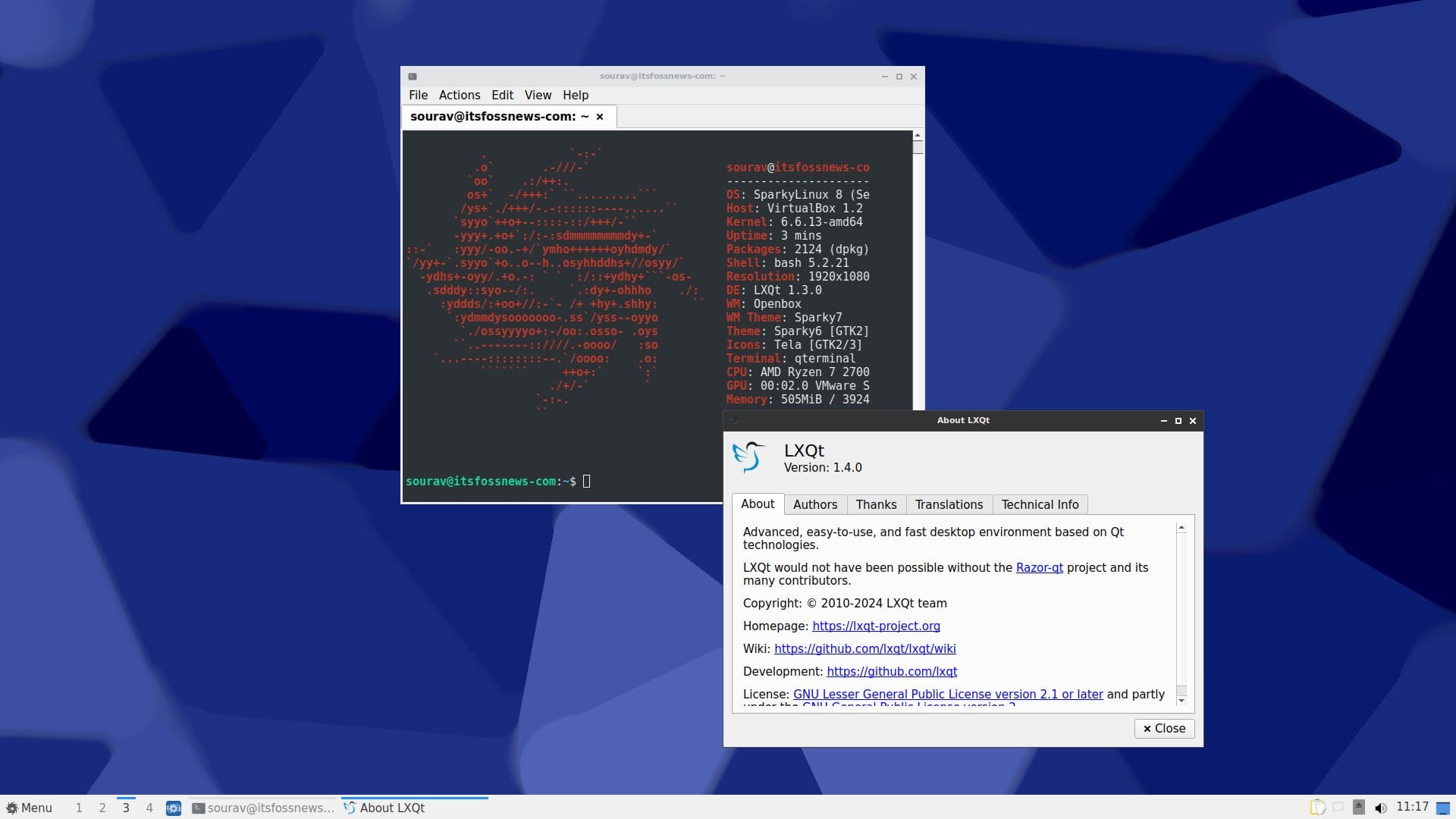 a screenshot of sparkylinux 2024.02 with neofetch output and about lxqt app open