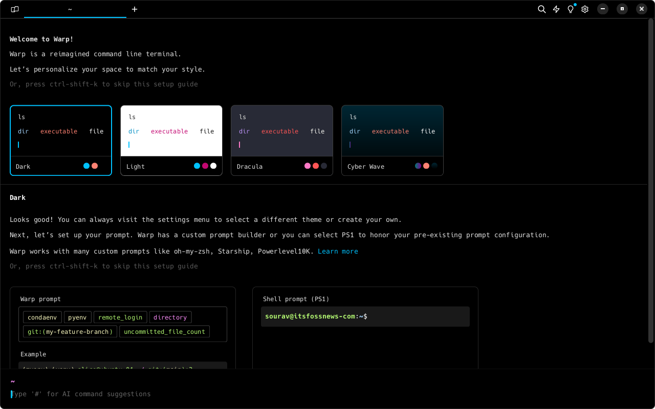 a screenshot of warp running on linux