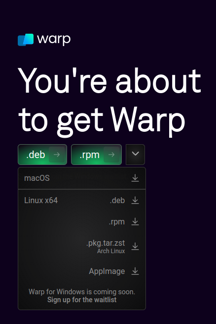 a screenshot of the various packages of warp available for linux