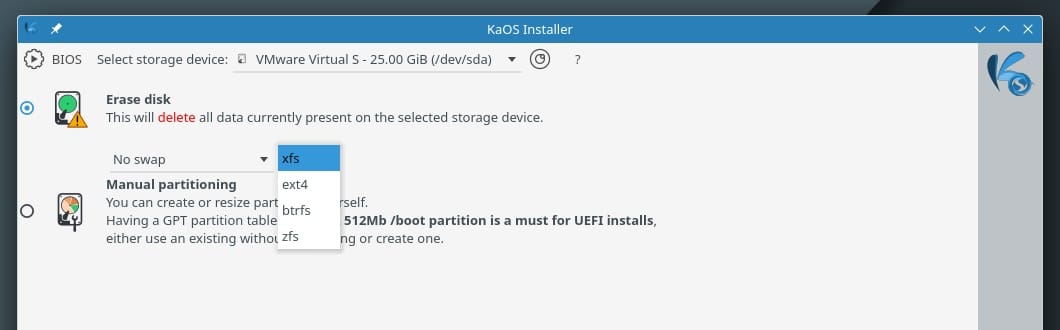 kaos automatic partitioning filesystem