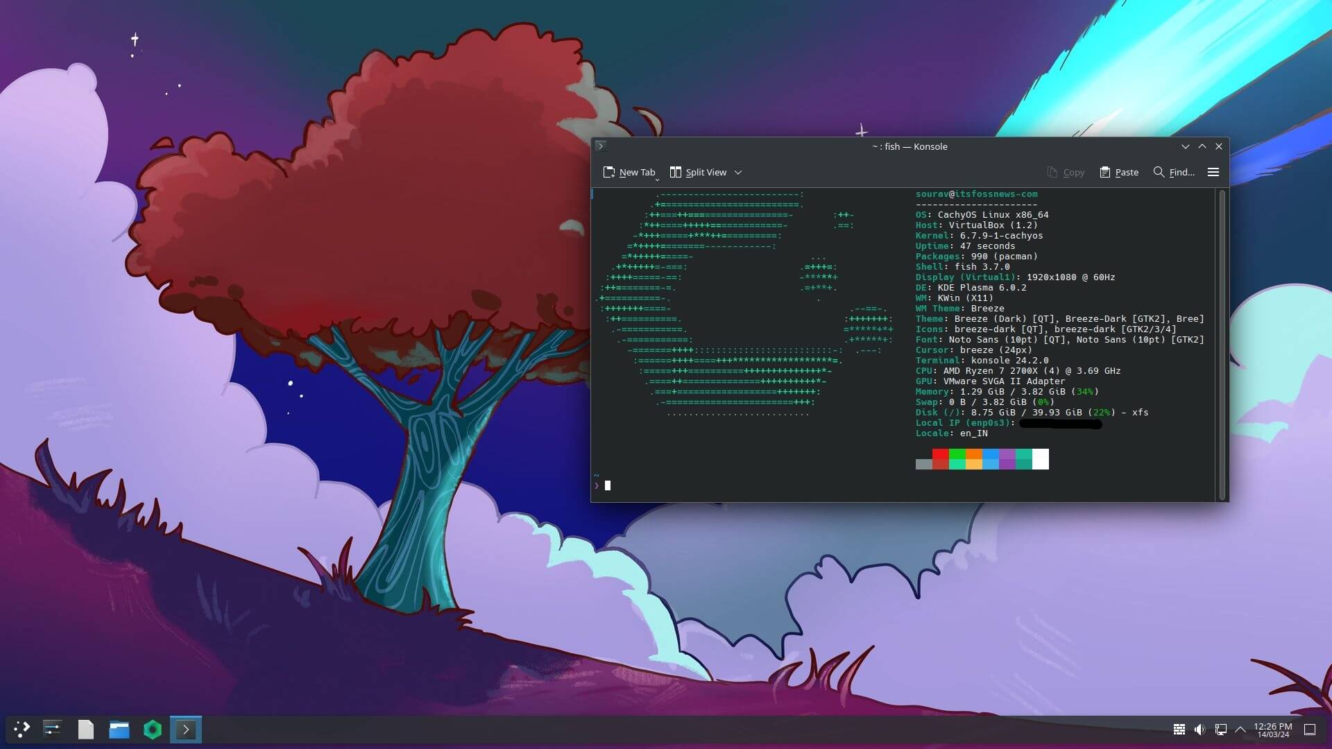 a screenshot of cachy os march 2024 desktop screen with fastfetch output in the terminal app
