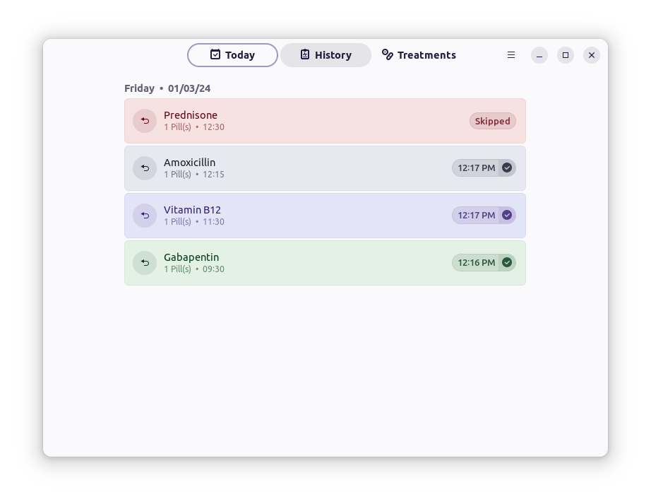 a screenshot of dosage history tab filled with medicines